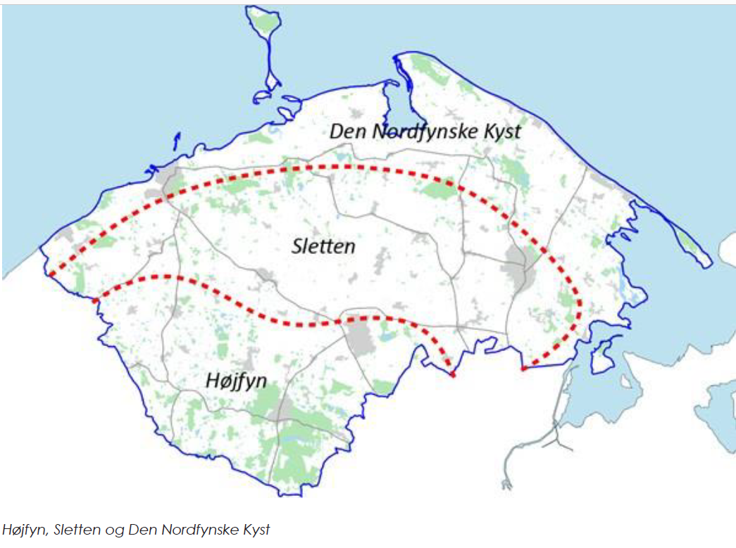 Kort, der viser opdelingen af Nordfyn i Højfyn mod syd, herefter Sletten og længst mod nord: den nordfynske kyst