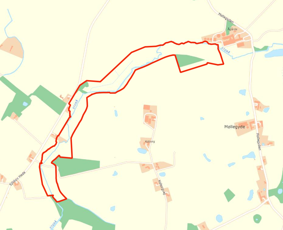 Figur 1 Projektområdet for et lavbundsprojekt ved Ågårde (markeret med rødt)