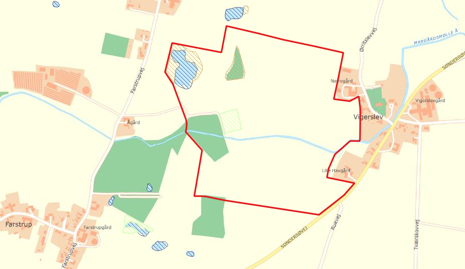 Undersøgelsesområdet for forundersøgelsen af et muligt vådområdeprojekt ved Margårds Mølle Å